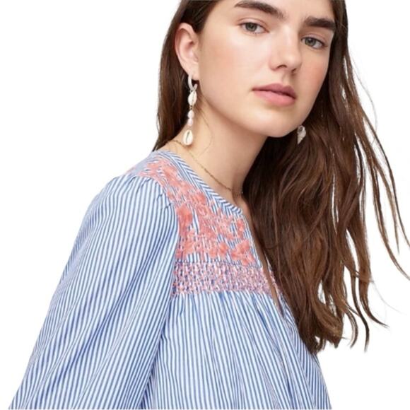 J. Crew Pink Embroidered Popover Blue White Stripe Dress size medium - Picture 2 of 11